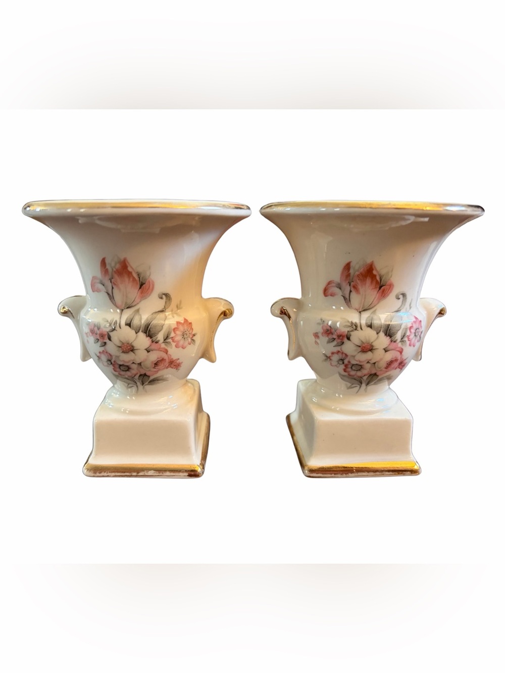 Vintage Double Handled Floral Urn Mantel Vase Pair Gold Trim
